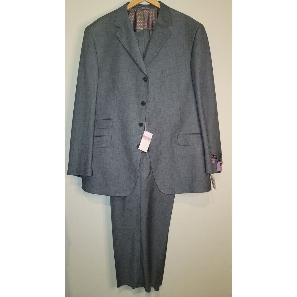 Men's Suit 48R  Retro Power Suit Gray Check 40x37 Wide Leg Wedding Business New